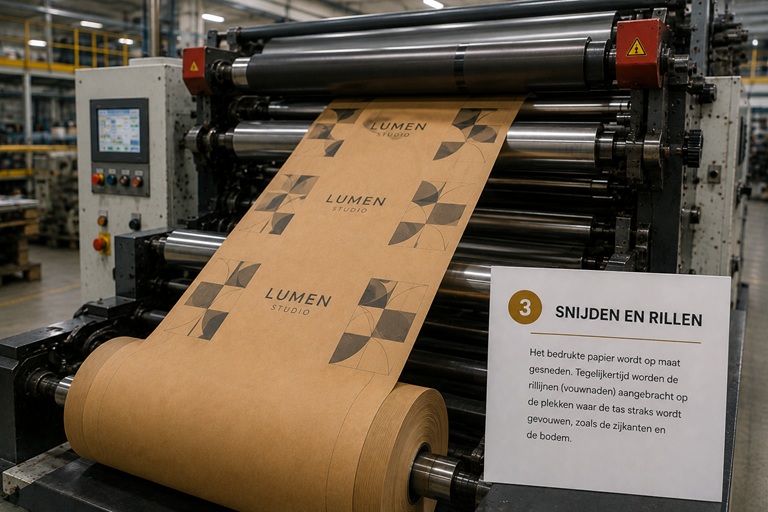 Snijden en rillen van bedrukt papier voor draagtassen