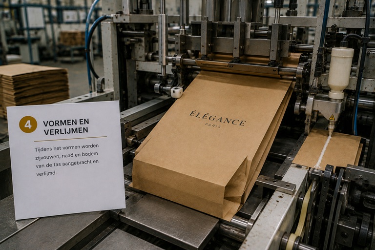 Machine vormt en lijmt papieren draagtassen