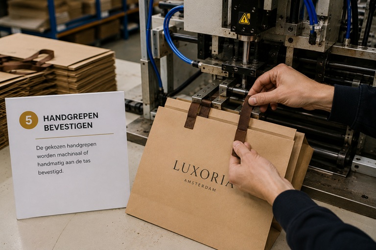 Handgrepen worden aan papieren draagtassen bevestigd