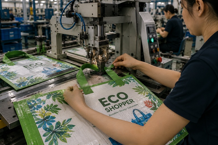 Handgrepen worden aan PP Woven shopper bevestigd